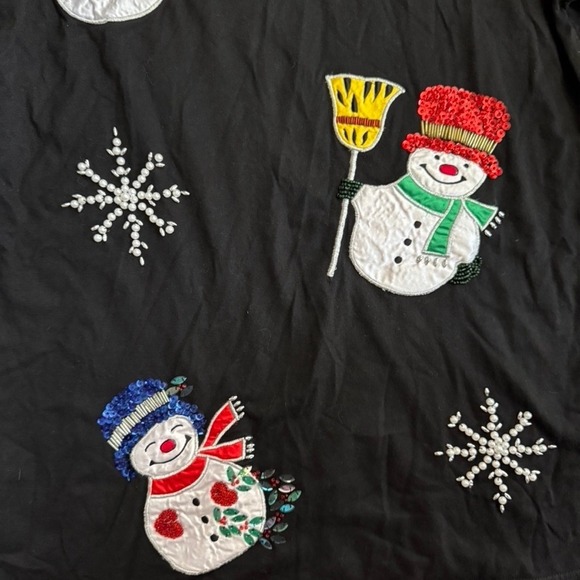 Victoria Jones Vintage Sequin Frosty Snowman Long Sleeve Blouse, Black White, S - Picture 4 of 6